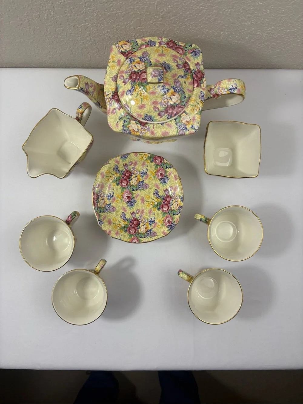 Royal Winton Wellbeck Chintz Tea Set with Pale Yellow Floral Pattern & Gold Trim